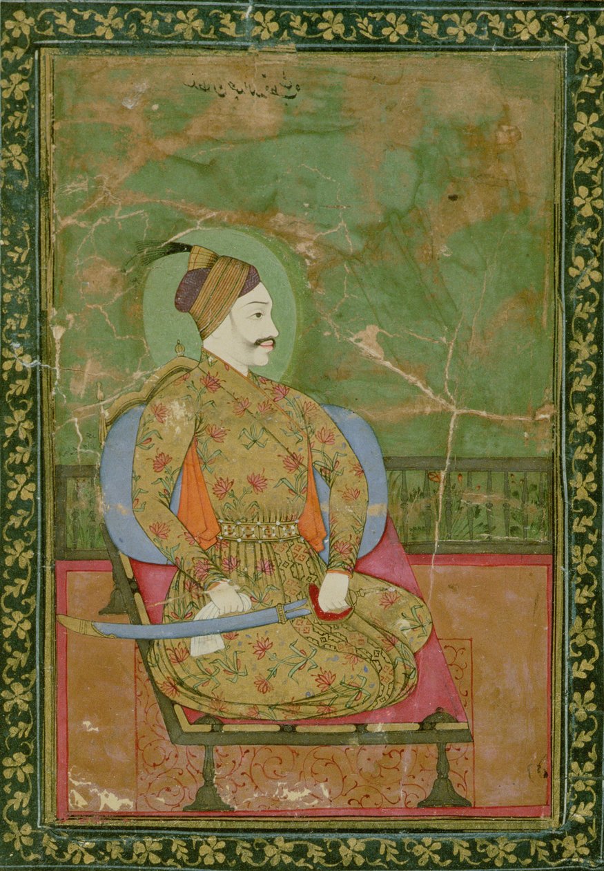 58.2025A Muotokuva sulttaani Abdullah Qutb Shahista istumassa, Golconda, 1670, (guassi paperille kulta- ja kukkakuvioisella reunuksella) tekijältä Deccani School