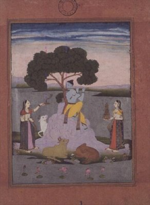 BL kissa. no.428, Johnsonin albumilta nro. 20 kohdetta 3, Krishna soittaa kahdelle gopille, Hyderabad, n. 1770 (guassi kullalla, vaaleanpunainen reunus) tekijältä Deccani School