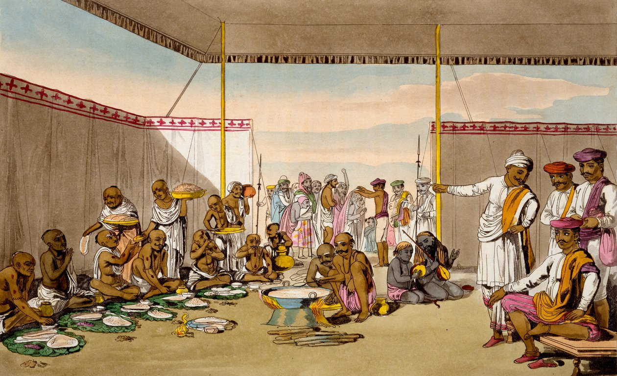 Brahmiineja viihdyttävä Mahratta Surdar T. D. Broughtonin teoksesta "Mahrattaiden puku, luonne, käytöstavat, kotitottumukset ja uskonnolliset seremoniat", etsaus Baxter, 1813 tekijältä Deen Alee