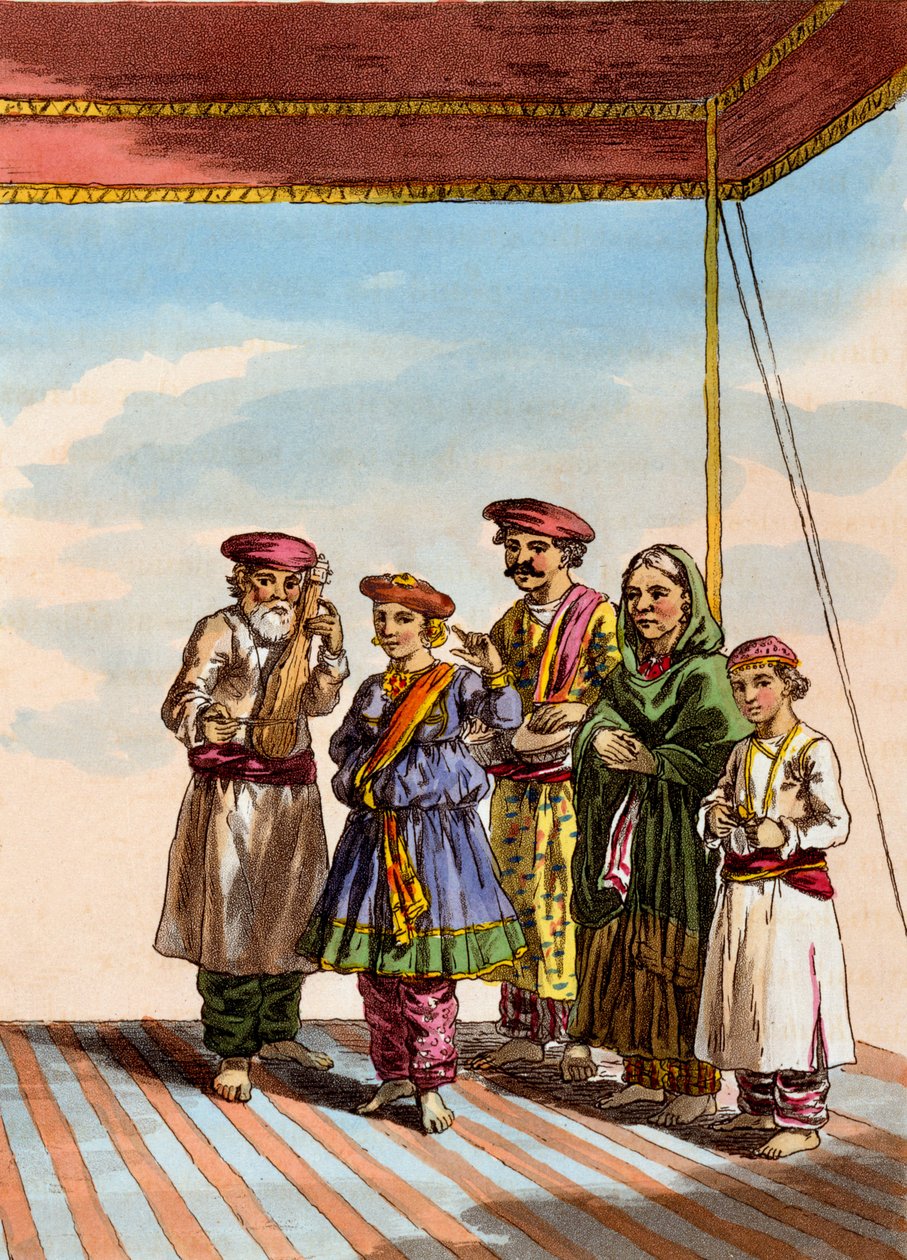 Tyttö tanssii Kuharwaa T. D. Broughtonin teoksesta "Mahrattaiden puku, luonne, tavat, kotitottumukset ja uskonnolliset seremoniat", etsaus J. A. Atkinson, 1813 tekijältä Deen Alee