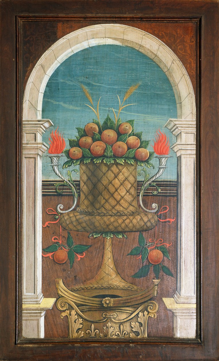 Hedelmäkori, Defendente Ferrarin (1480 tai 1485-1540) maalaus 1500-luvun kuoron takaosaan, Pyhän Hieronen kirkko, Biella. Italia tekijältä Defendente Ferrari