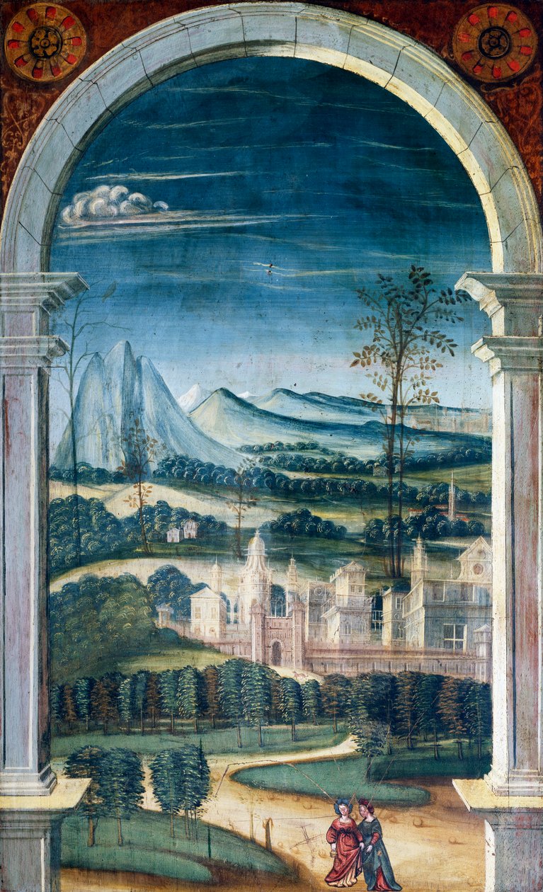 Defendente Ferrarin (1480 tai 1485-1540) maalaama perspektiivi 1500-luvun kuoron takaosaan, Pyhän Jeromen kirkko, Biella, Italia tekijältä Defendente Ferrari