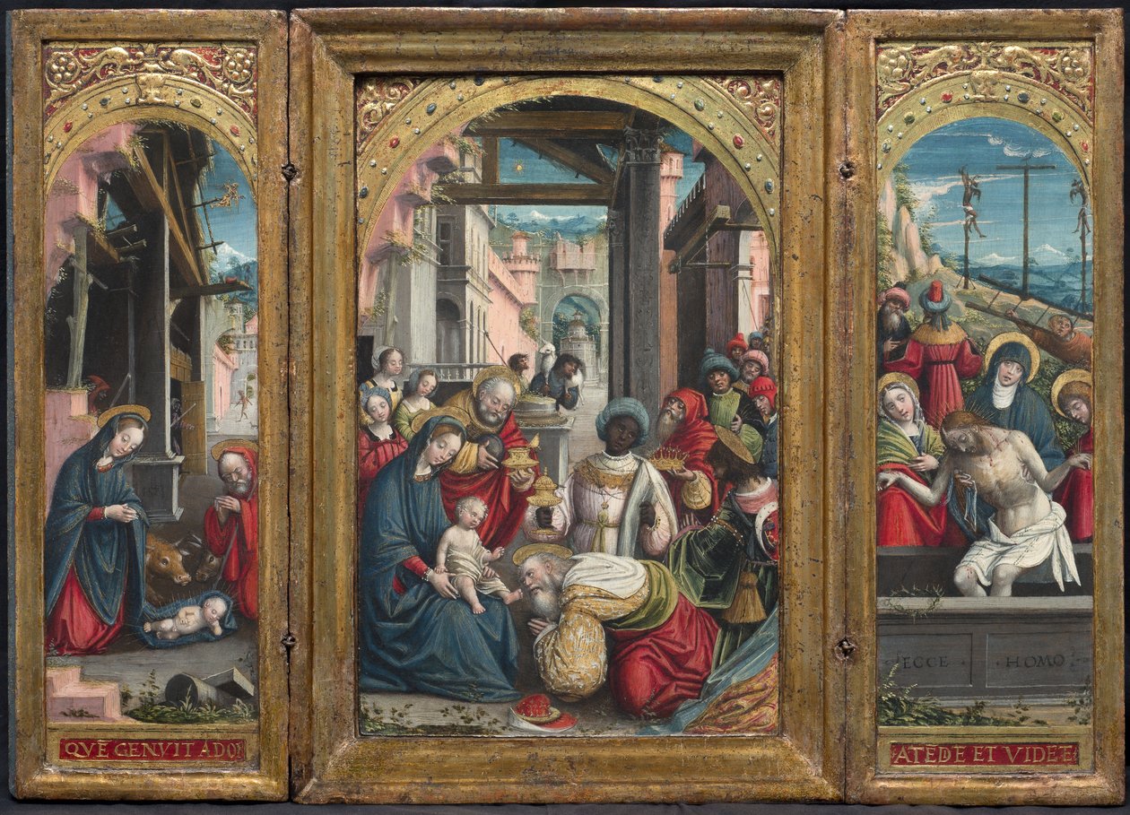 Triptyykki, jossa keskellä syntymä, oikealla tieteiden palvonta, vasemmalla Kristuksen laskeutuminen hautaan, 1523 tekijältä Defendente Ferrari