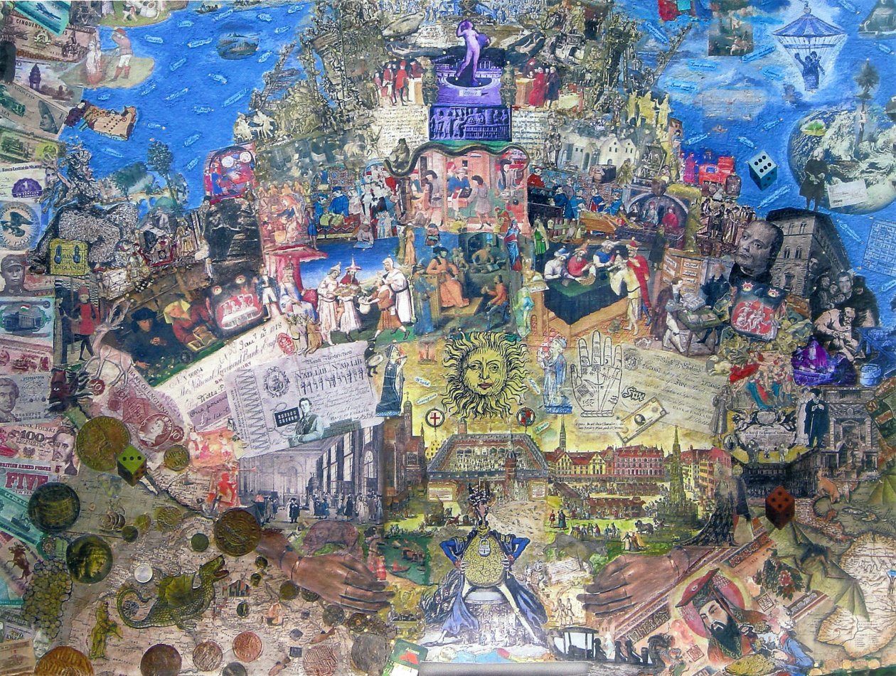Death of Credit, 2010 (kollaasi ja sekatekniikka kankaalle) tekijältä Deirdre Kelly