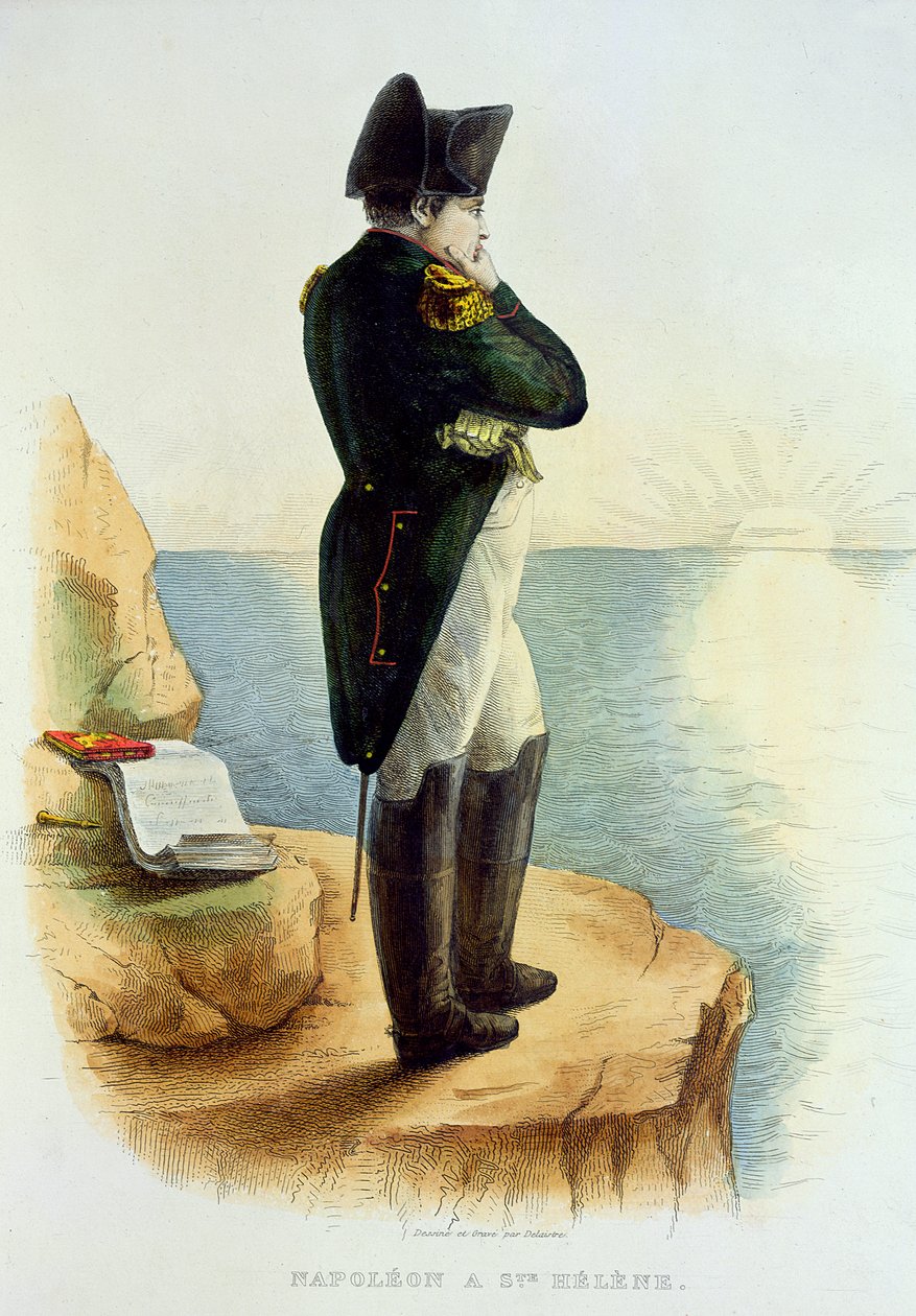 Napoleon Saint Helenan saarella, kuvitus Le Plutarque Francaisista, E. Mennechet, kaiverrus Delaistre, 1835 tekijältä Delaistre