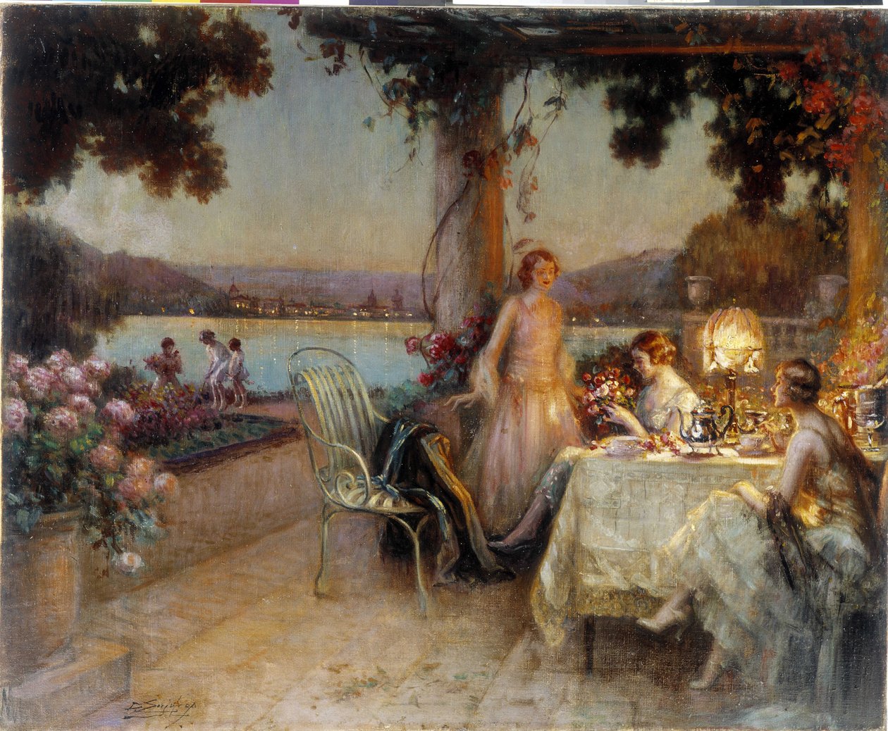 Illalla terassilla. Delphin Enjolrasin (1857-1945) maalaus, Pakollinen maininta: Collection Foundation regards de Provence. Marseille (cm 57x73) DR tekijältä Delphin Enjolras
