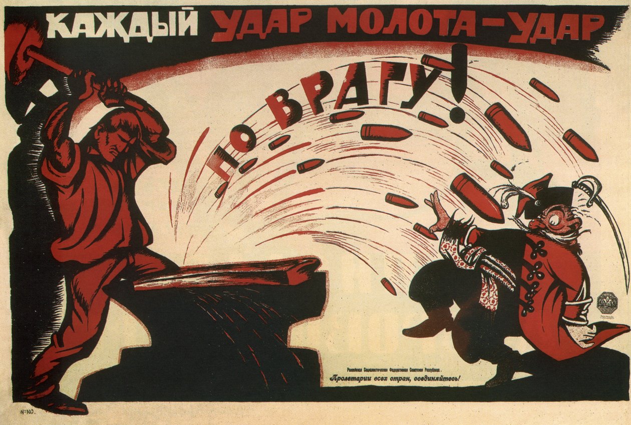 Jokainen vasaran isku on isku viholliseen! Juliste, 1920 tekijältä Deni