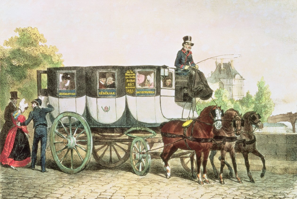 "Entreprise Generale des Omnibus", linja-auto Monnaiesta Jardin du Roiin, n. 1815 tekijältä Denis Auguste Marie Raffet