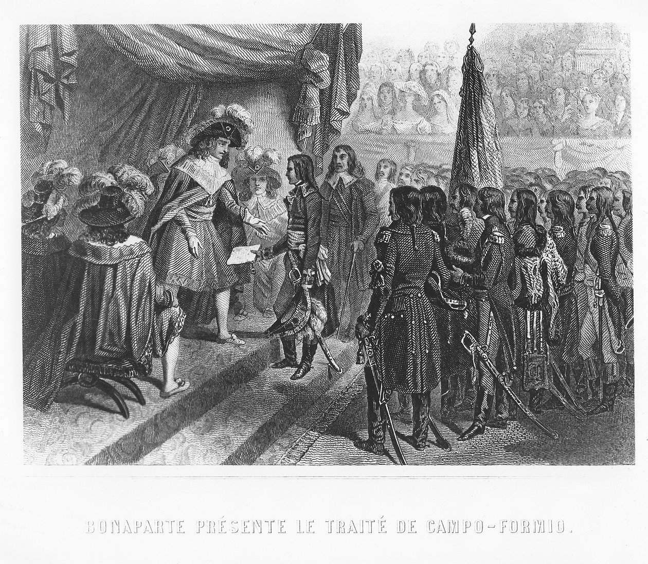 Napoleon Bonaparte esittelee Campo Formion sopimuksen tekijältä Denis Auguste Marie Raffet