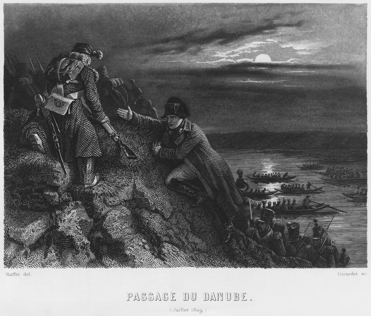 Napoleon I Bonaparte (1769-1821) ylittää Tonavan 4. heinäkuuta 1809 yöllä, kaivertaja Abraham Girardet (1764-1823). tekijältä Denis Auguste Marie Raffet