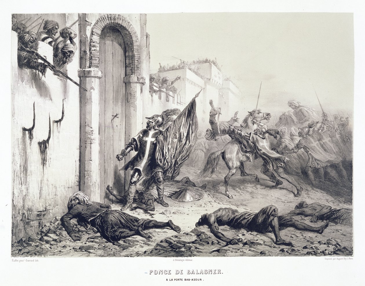Ponce de Balagner Bab-Azounin portilla, Eugene Charles Francois Guerardin (1821-66) kaiverrettu teos Algerin vuonna 1830 valloittaneen Ranskan sotaretkikunnan muistoksi. tekijältä Denis Auguste Marie Raffet