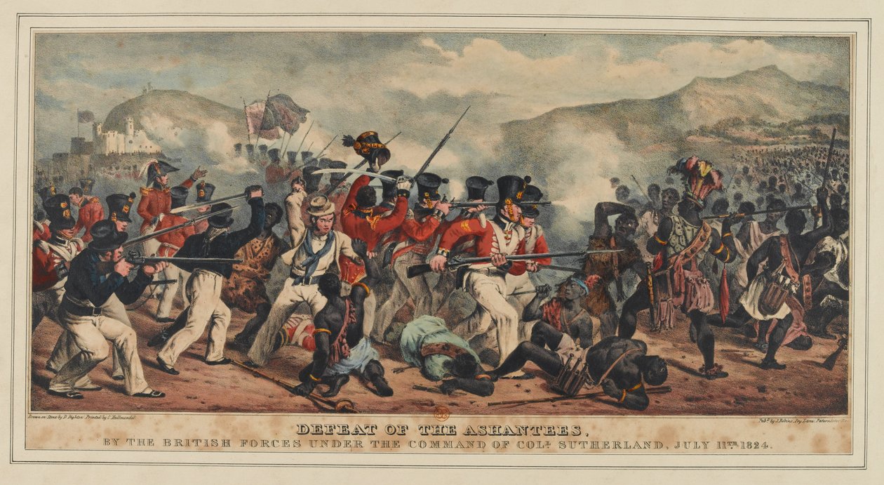 Ashanteesin tappio eversti Sutherlandin komennossa olleiden brittijoukkojen toimesta 11. heinäkuuta 1824, julkaissut J. Ronis, 1825. tekijältä Denis Dighton