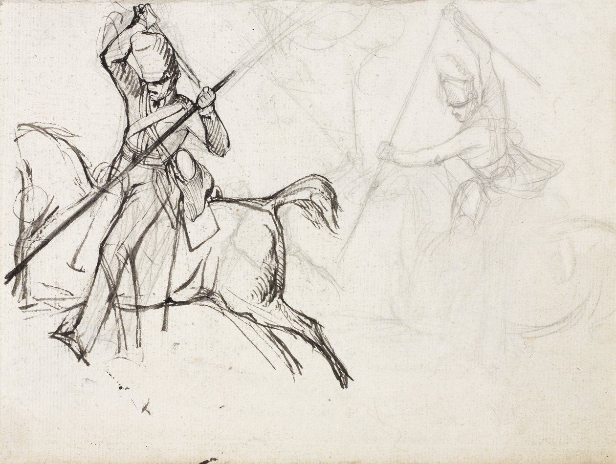 Tutkimuksia kersantti Ewartin, Scots Greysin, hahmolle maalauksesta, joka esittää hänen vangitsemistaan ranskalaisesta kotkasta Waterloon taistelussa, 1815, n. 1817 (kynä ja muste paperille) tekijältä Denis Dighton