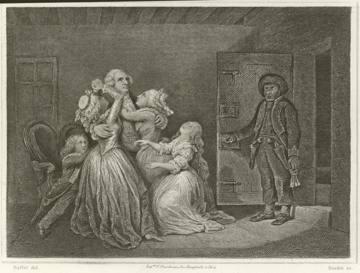 Ludvig XVI perheineen (kaiverrus) tekijältä Denis Auguste Marie (after) Raffet