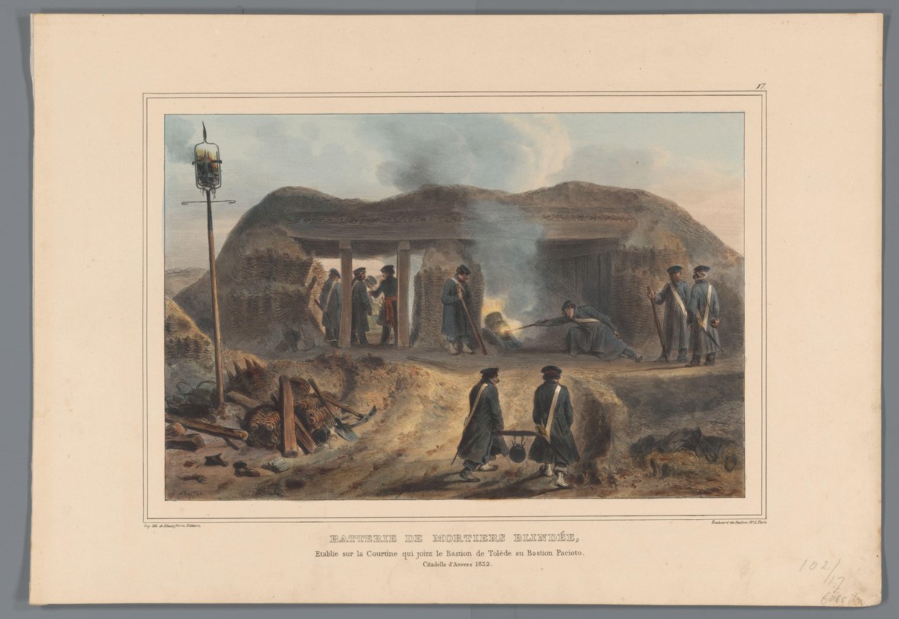 Afschieten van een mortar, 1832 Panssaroitujen kranaatinheittimien patteri, joka on perustettu Courtinelle, joka yhdistää Toledon linnakkeen Bastion Paciotoon (nimi esineessä) Raffetin piirustuksia elämästä Antwerpenin linnoituksen piirityksen yhteydessä ( tekijältä Denis Auguste Marie Raffet