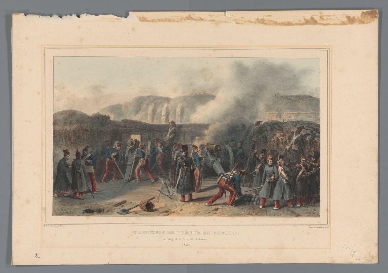 Beschieting van de Citadel, 1832 Akku rikkoutuu toiminnassa (otsikko esineessä) Raffetin piirustuksia elämästä Antwerpenin linnoituksen piirityksen yhteydessä (sarjan nimi esineessä) tekijältä Denis Auguste Marie Raffet
