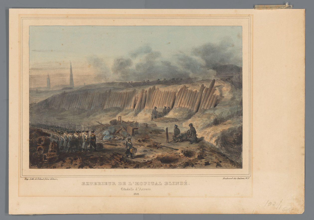 Antwerpenin linnoituksen sisään kaivetun kenttäsairaalan ulkopuoli, 1832 Exterior de l