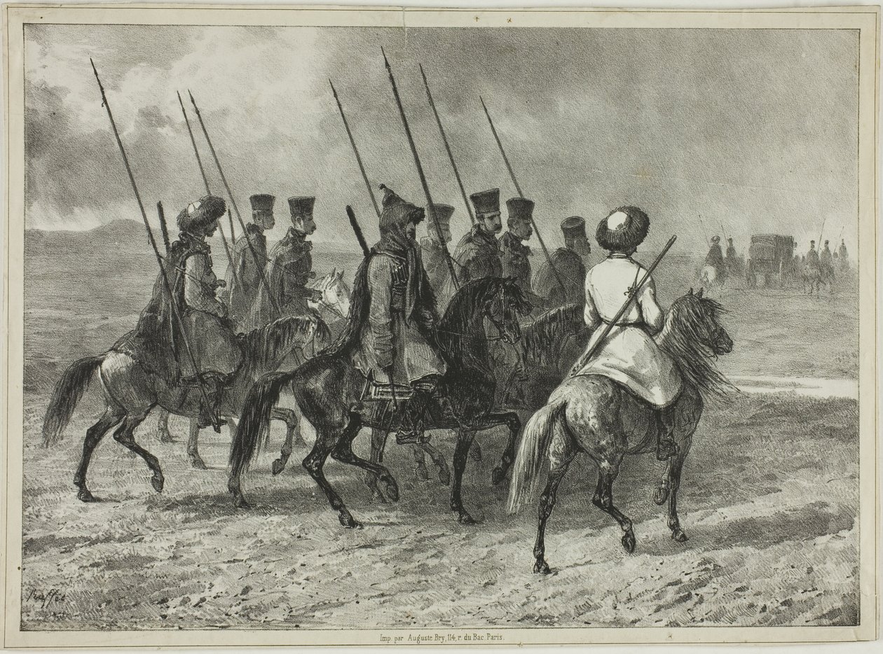 Kasakkojen saattaja Kubanin rajalle, Taman (Keski-Venäjä), 11. lokakuuta 1837 tekijältä Denis Auguste Marie Raffet