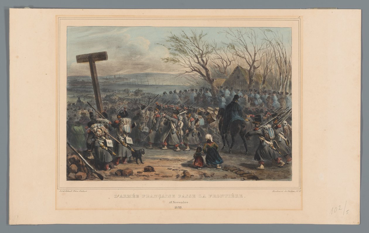 Ranskalainen leger rukt op, 1832 Ranskan armeija ylittää rajan (otsikko esineessä) Raffetin piirustukset luonnosta Antwerpenin linnoituksen piirityksen yhteydessä (sarjan nimi esineessä) tekijältä Denis Auguste Marie Raffet