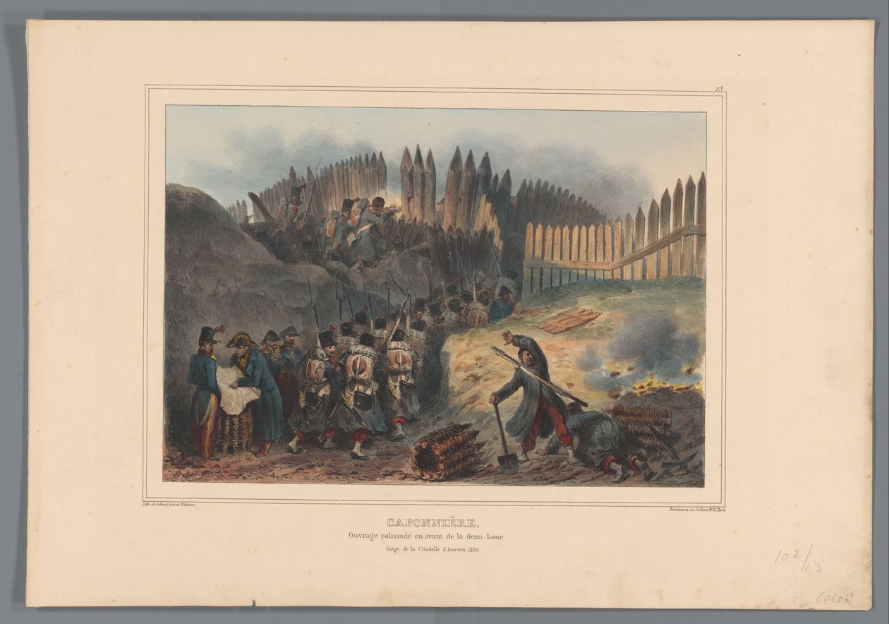 Ryhmäsotilasretken ovi ja aukko de palisadessa, 1832 Caponier, paljastettu työ puolikuun edessä (otsikko esineessä) Raffetin piirustukset luonnosta Antwerpenin linnoituksen piirityksen yhteydessä (sarjan nimi esineessä) tekijältä Denis Auguste Marie Raffet