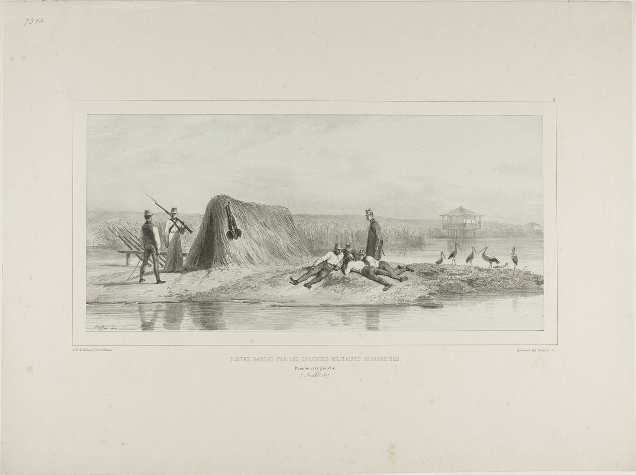 Unkarin sotilassiirtokuntien vartiopaikka, Tonavan vasen ranta, 7. heinäkuuta 1837. tekijältä Denis Auguste Marie Raffet