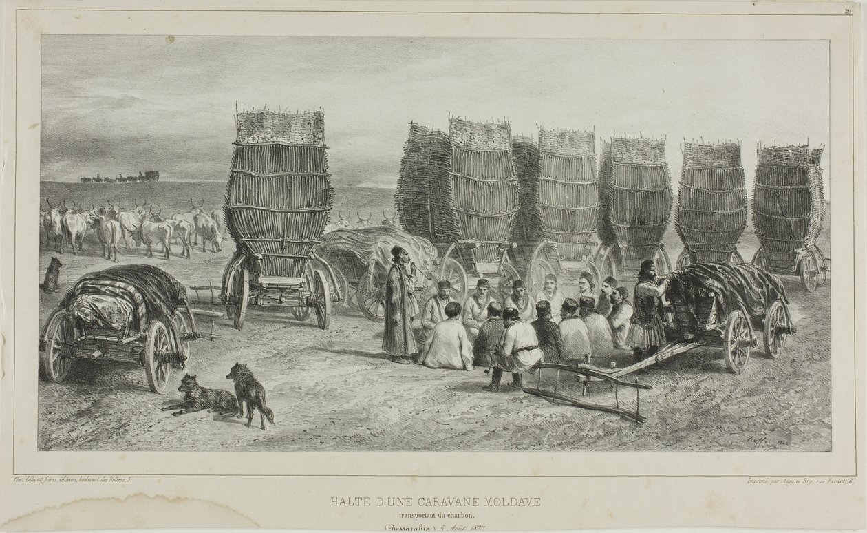 Hiiltä kuljettavan moldavialaisen asuntovaunun pysähdyspaikka, Bessarabia, 5. elokuuta 1837. tekijältä Denis Auguste Marie Raffet