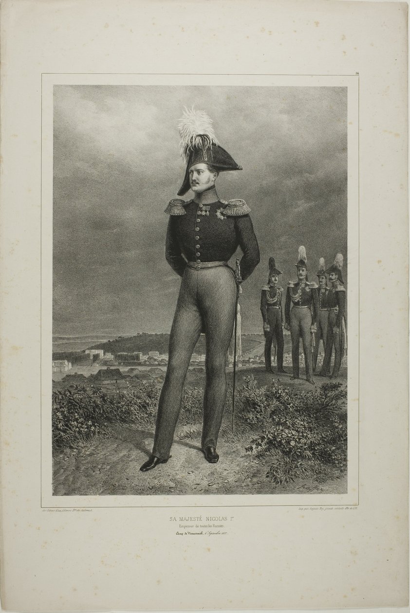 Hänen Majesteettinsa Nikolai I, koko Venäjän keisari, Vosnessenskin leiri, 6. lokakuuta 1837. tekijältä Denis Auguste Marie Raffet