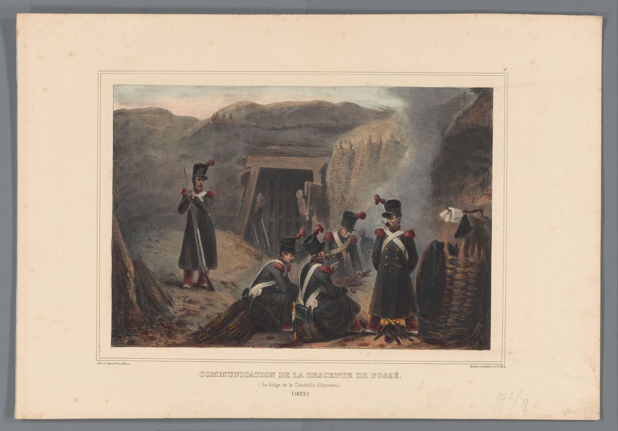 Sotilaallinen bij een mijngang, 1832 Tiedonanto ojan laskeutumisesta (otsikko esineessä) Raffetin piirustukset luonnosta Antwerpenin linnoituksen piirityksen yhteydessä (sarjan nimi esineessä) tekijältä Denis Auguste Marie Raffet