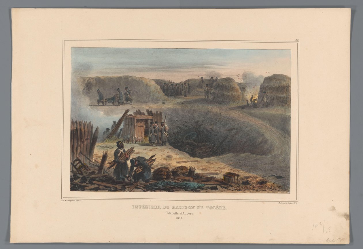 Militairten binnen een linnake, 1832 Toledon linnakkeen sisätilat (otsikko esineessä) Raffetin piirustukset luonnosta Antwerpenin linnoituksen piirityksen yhteydessä (sarjan nimi esineessä) tekijältä Denis Auguste Marie Raffet