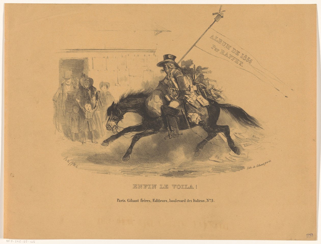Postimiljardi hevosen selässä Lopulta le voila! (otsikko esineessä) Album de 1836 (sarjan nimi esineellä) tekijältä Denis Auguste Marie Raffet