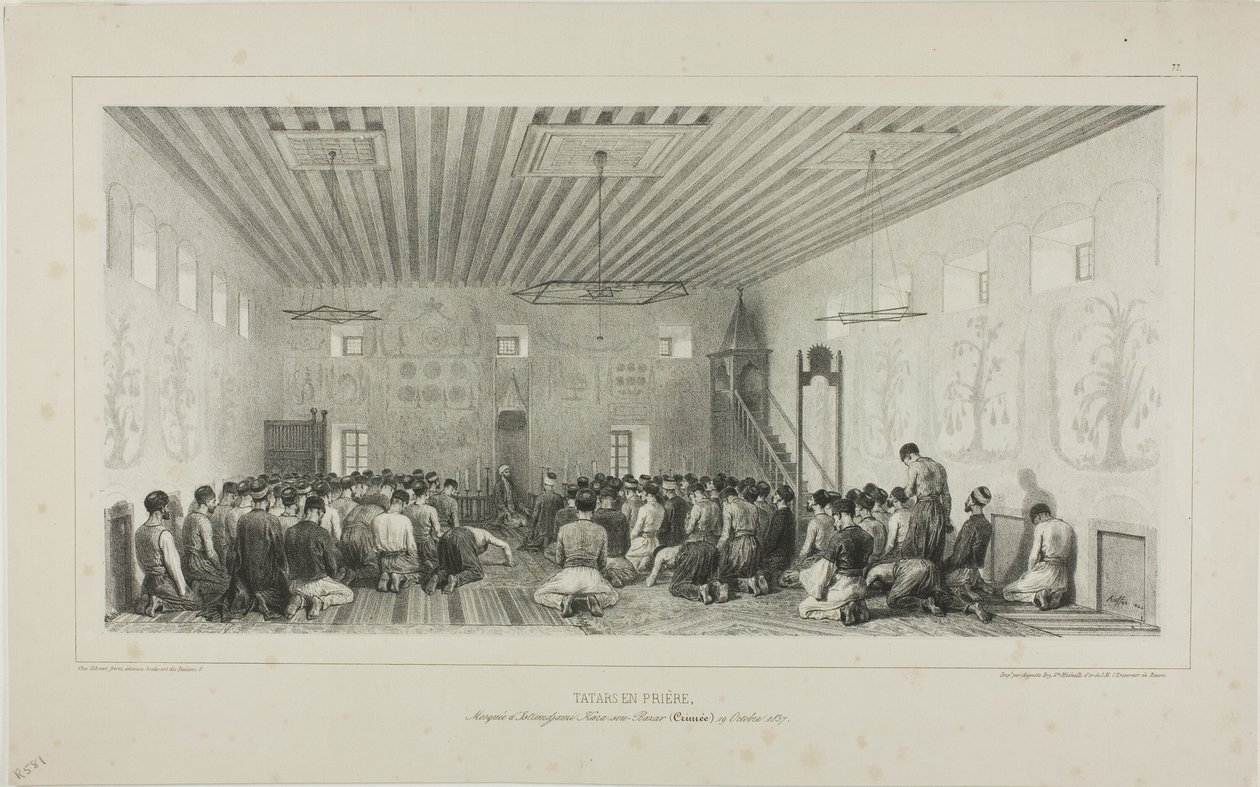 Rukoilevia tataareja, Istrimdjami-Kara-sou-Bazar, Krim, 19. lokakuuta 1837. tekijältä Denis Auguste Marie Raffet