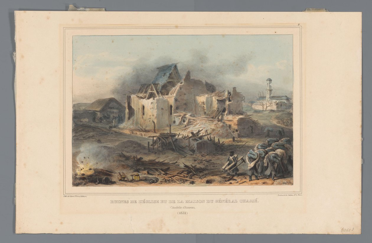 Ruïnes van de kerk in het huis van generalaal Chassé, 1832 Kirkon rauniot ja kenraali Chassén talo (otsikko esineessä) Raffetin piirustukset luonnosta Antwerpenin linnoituksen piirityksen yhteydessä (sarjan nimi esineessä) tekijältä Denis Auguste Marie Raffet