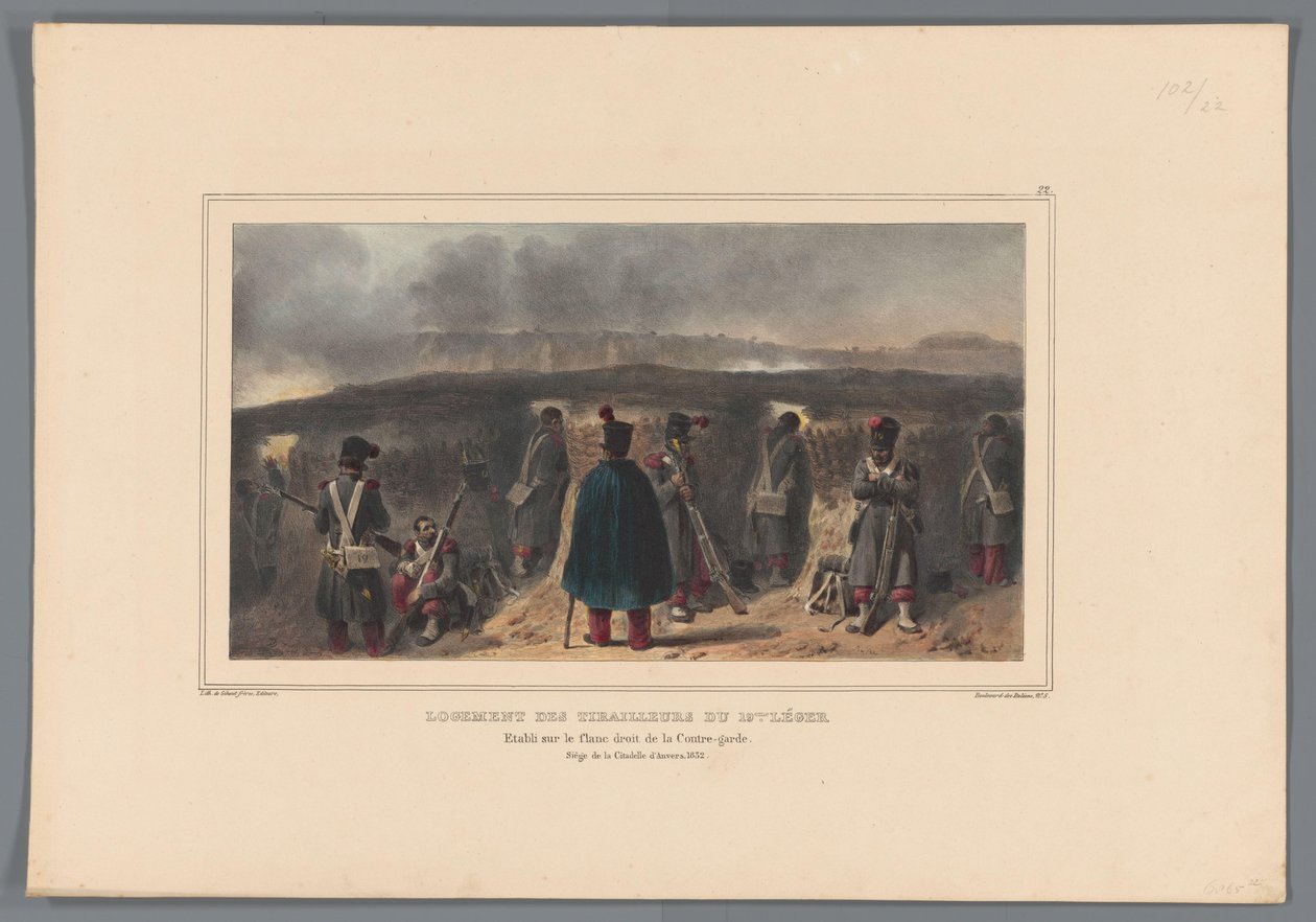 Schutterit ostavat borstweringia, 1832 19. valon kahaajien asunto (otsikko esineessä) Raffetin piirustuksia elämästä Antwerpenin linnoituksen päämajassa (otsikko esineessä) tekijältä Denis Auguste Marie Raffet