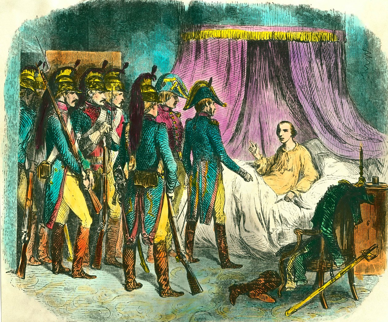 Louis Antoine Henri de Bourbonin, Enghienin herttuan (1772-1804) pidätys epäillään ilman todisteita juonineen ensimmäistä konsulia Napoleon Bonapartea vastaan. Kaiverrus Denis Auguste Raffet (1804-1860) 1800-luku. Yksityinen kokoelma tekijältä Denis Auguste Marie Raffet
