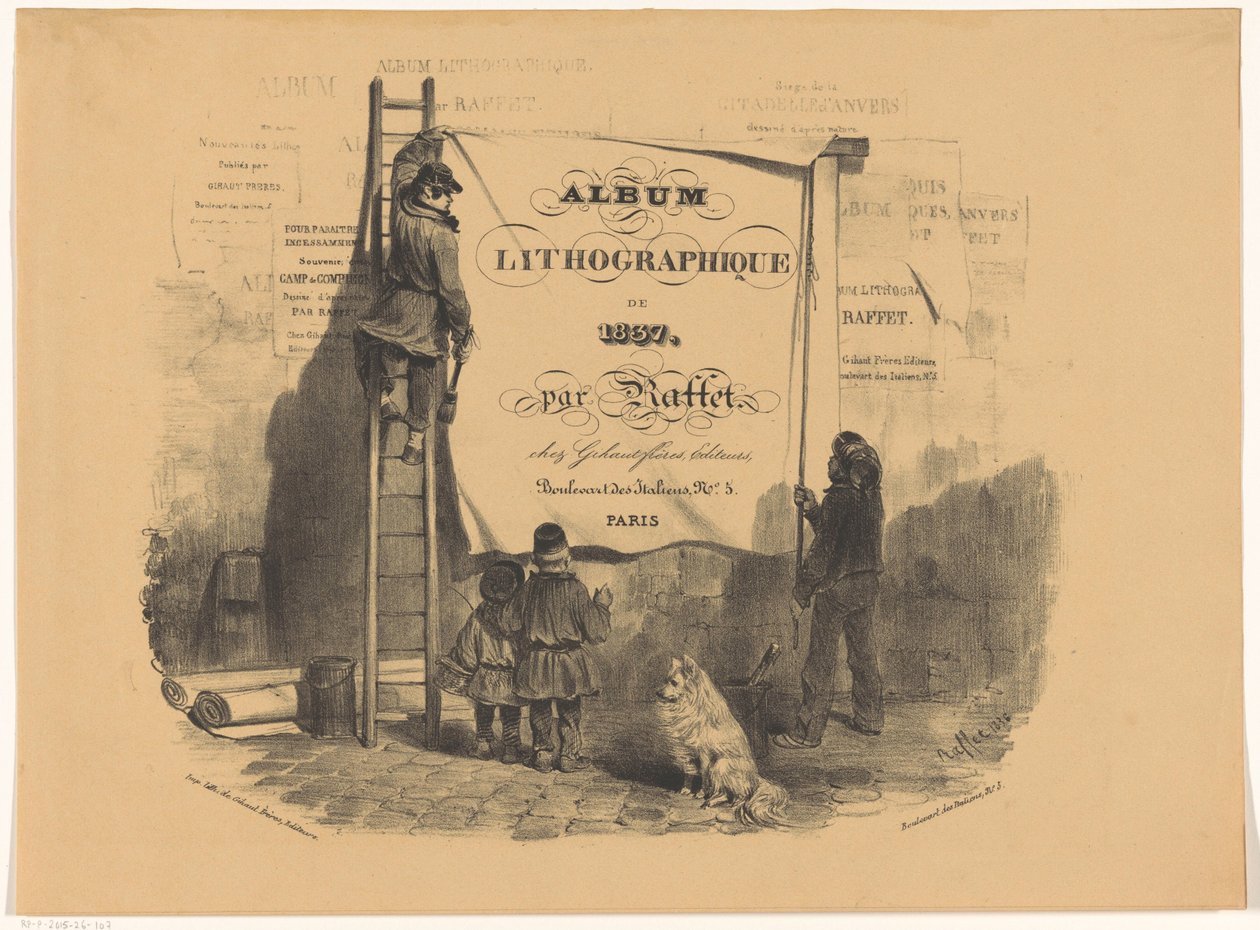Kaksi miestä kiinnittää julisteen seinää vasten Albumi lithographique de 1837 (sarjan nimi esineessä) tekijältä Denis Auguste Marie Raffet