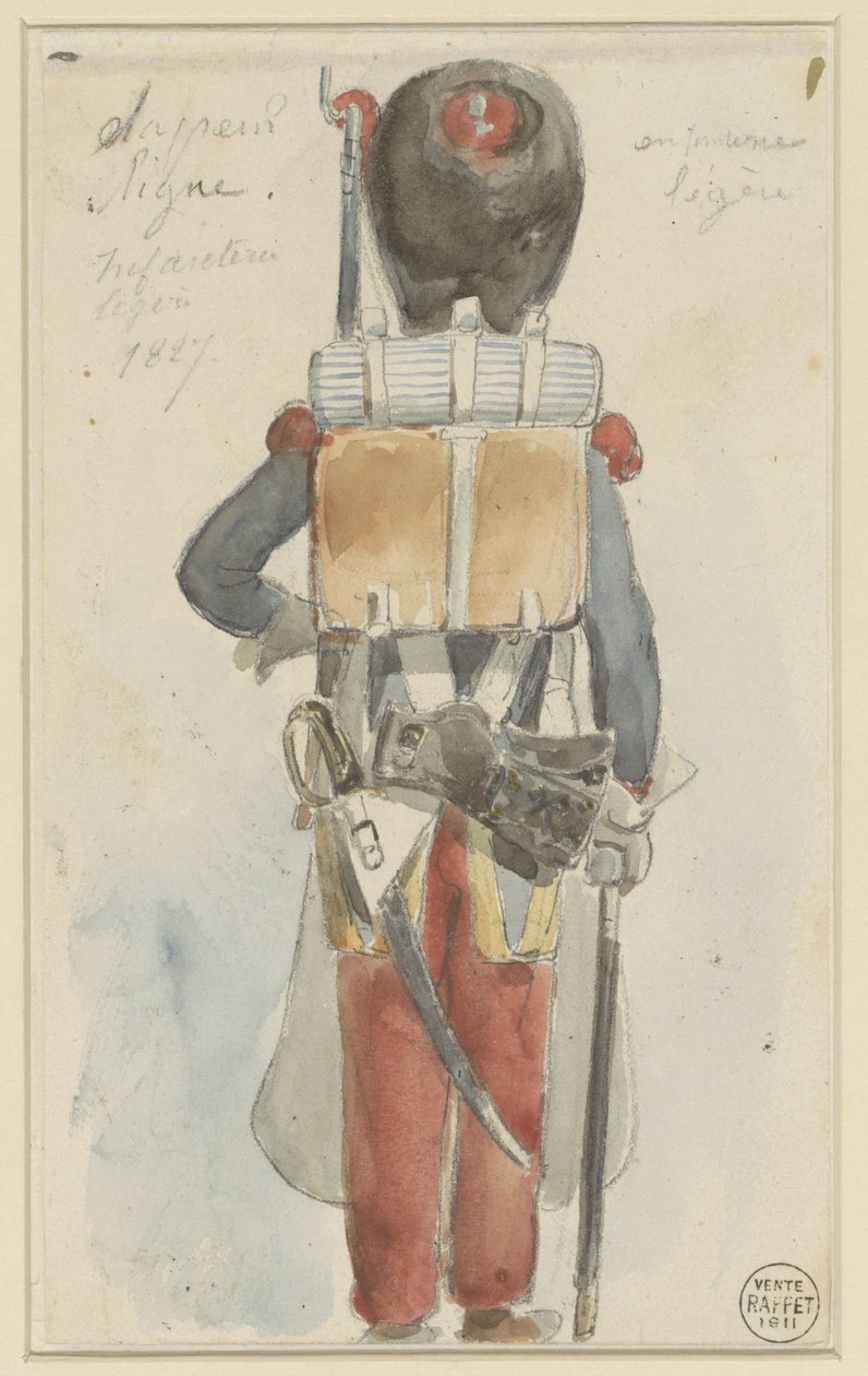 Uniformstudie Line sapööri. Kevyt jalkaväki 1827 (otsikko esineessä) tekijältä Denis Auguste Marie Raffet