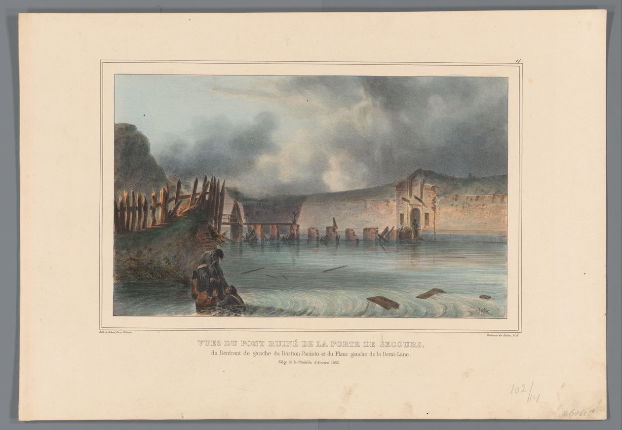 Vernielde brug, 1832 Näkymät Pelastusportin tuhoutuneelle sillalle, Bastion Pacioton vasemmalle palaajalle ja puolikuun vasemmalle kyljelle (otsikko esineessä) Raffetin piirustuksia elämästä Antwerpenin linnoituksen piirityksen yhteydessä (sarjan nimi obje tekijältä Denis Auguste Marie Raffet