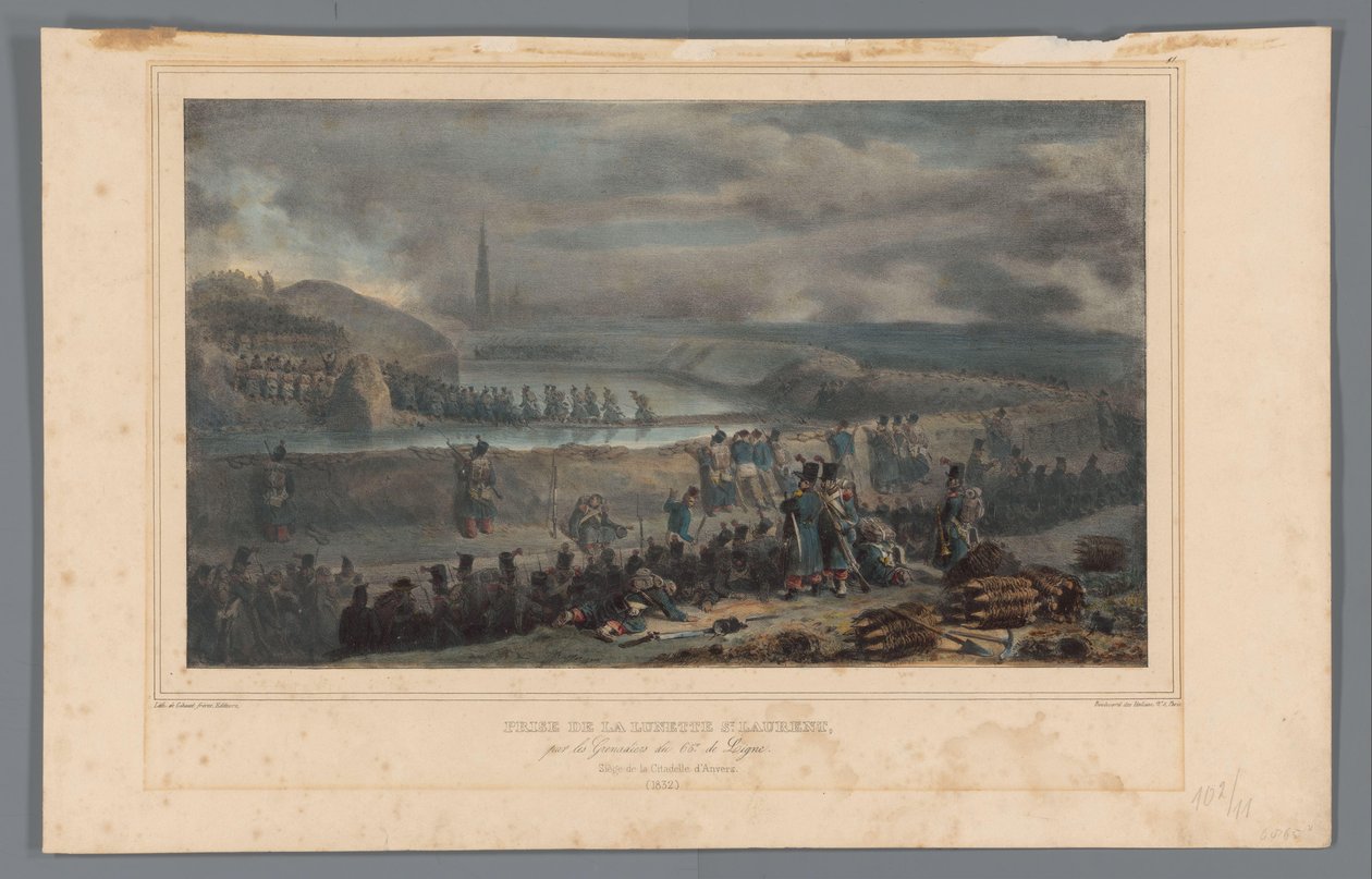 Verovering van de lunette St. Laurent, 1832 65. linjan Grenadiersin ottaminen St. Laurentin kehyksestä (otsikko esineessä) Raffetin piirustukset luonnosta Antwerpenin linnoituksen piirityksen yhteydessä (sarjan nimi esineessä) tekijältä Denis Auguste Marie Raffet