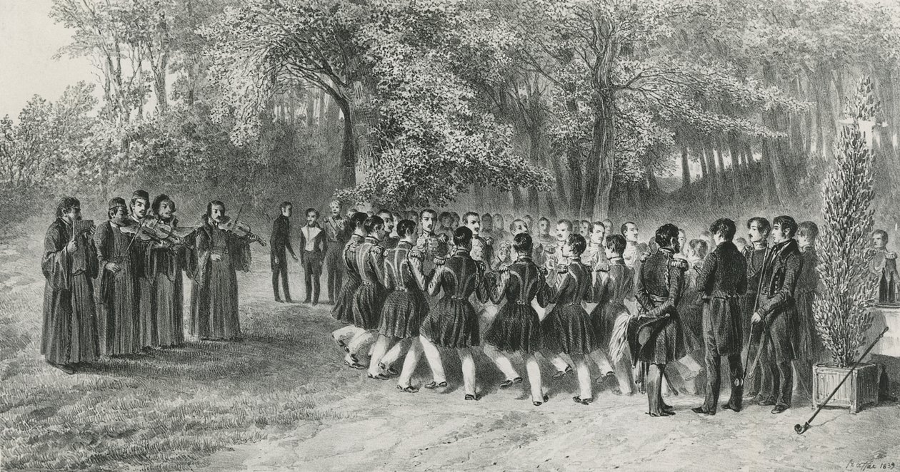 Valakian kierros, jonka tšiganit esittivät ja toisen rykmentin muusikot tanssivat prinssi Ghikan kotona, Ghospodarissa, Valakiassa, 1839. tekijältä Denis Auguste Marie Raffet