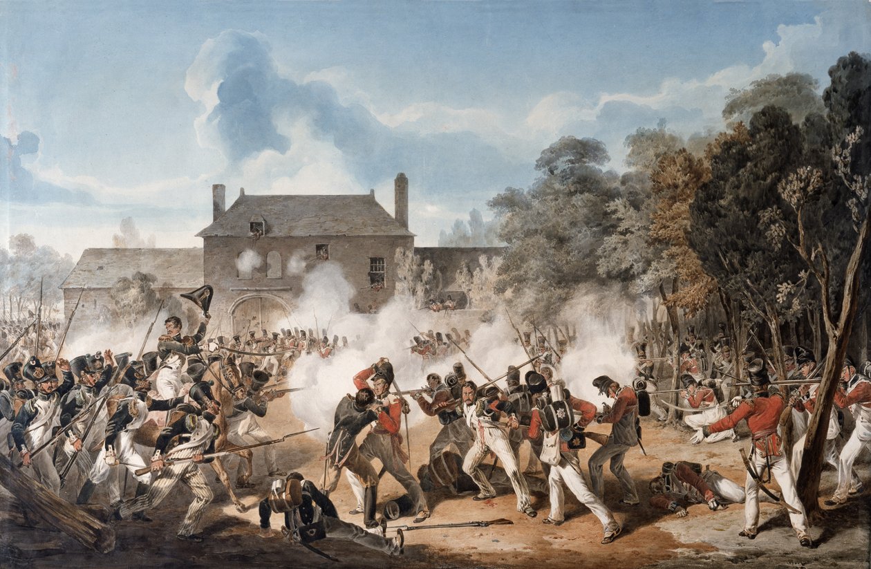 Chateau de Hougoumontin puolustaminen sivukomppanian toimesta, Coldstream Guards 1815, 1815 tekijältä Denis Dighton