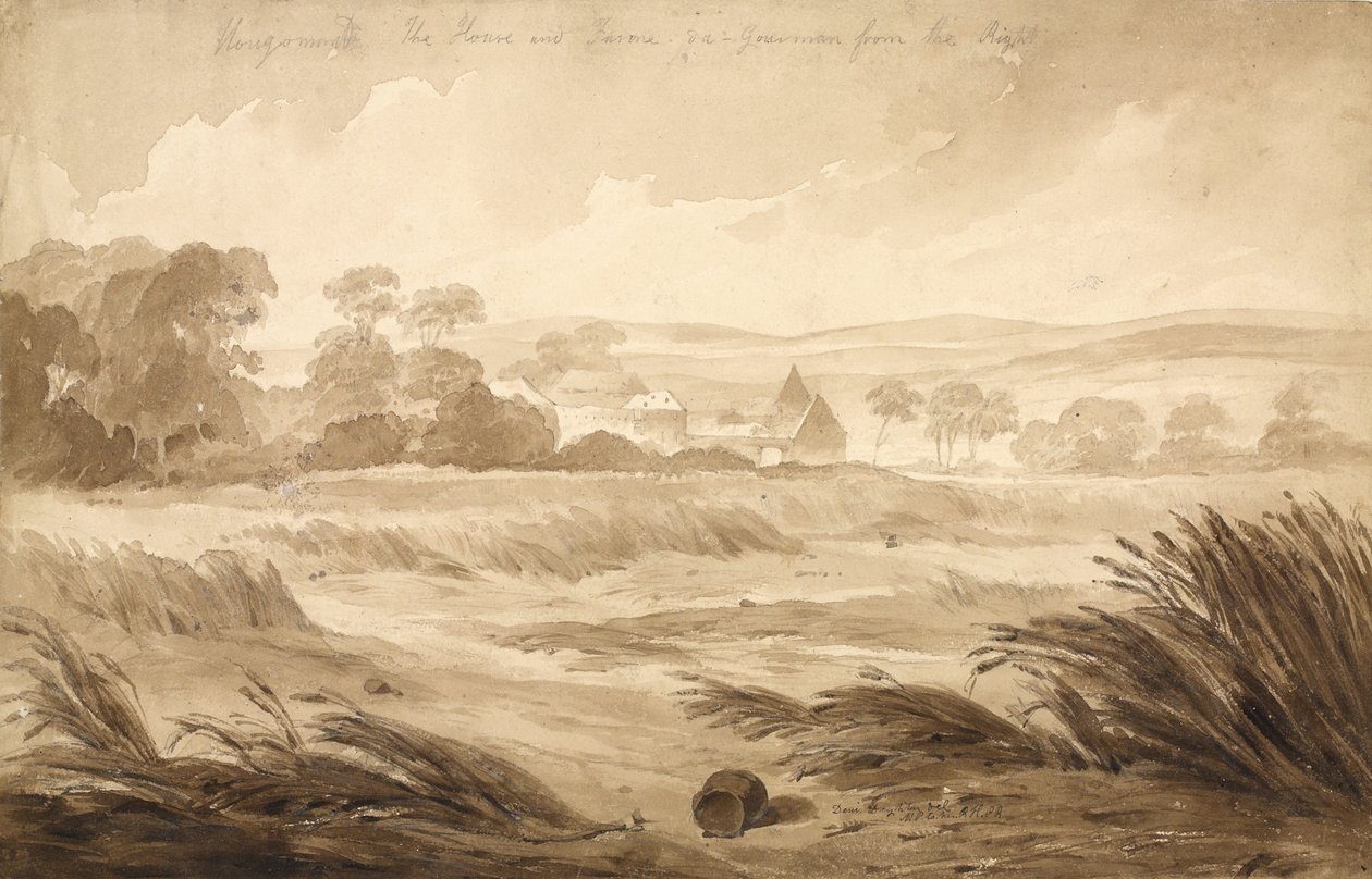 "No 1 Hougoumont The House and ferme du - Gourmand oikealta", 1815 (wc ja kynä paperille) tekijältä Denis Dighton