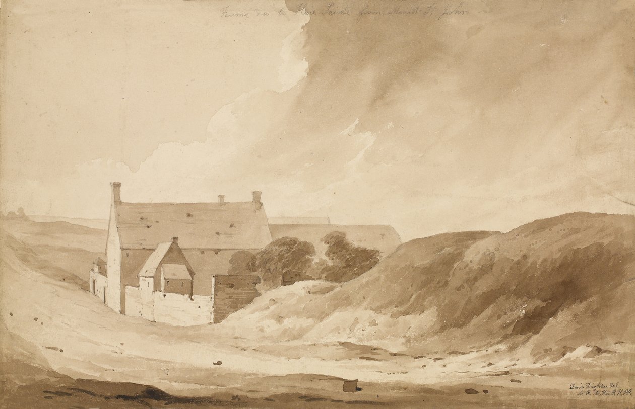 "No 8 Farme de la Haie Sainte from Mount St John", 1815 (wc ja kynä paperilla) tekijältä Denis Dighton