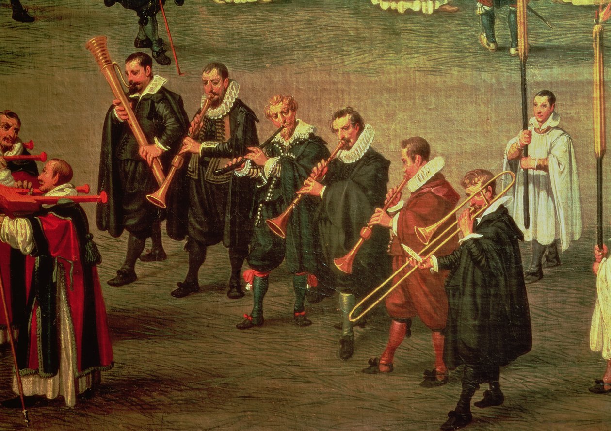 Muusikot osallistuvat The Ommeganckiin Brysselissä 31. toukokuuta 1615: Notre Dame de Sablonin kulkue (katso 59846) tekijältä Denys van Alsloot