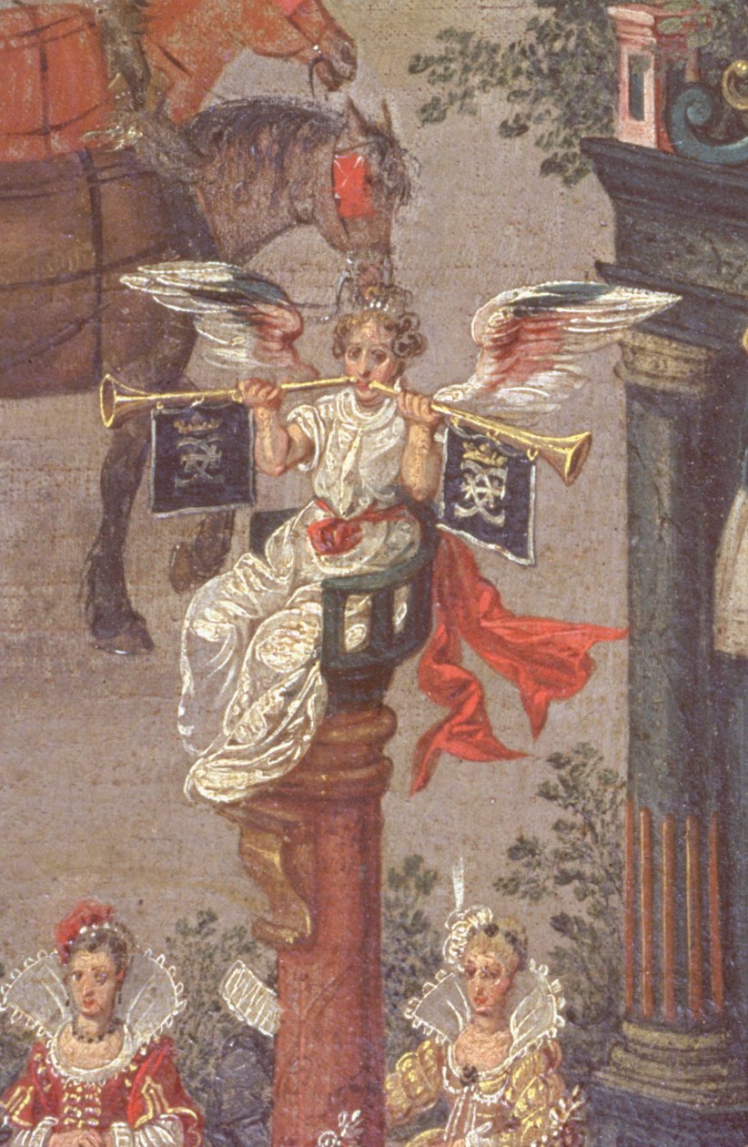 Isabellan voitto Ommeganckissa Brysselissä 31. toukokuuta 1615, yksityiskohta allegorisesta Fame-hahmosta Isabellan tuomioistuimen autosta, 1615 (75629:n yksityiskohta) tekijältä Denys van Alsloot
