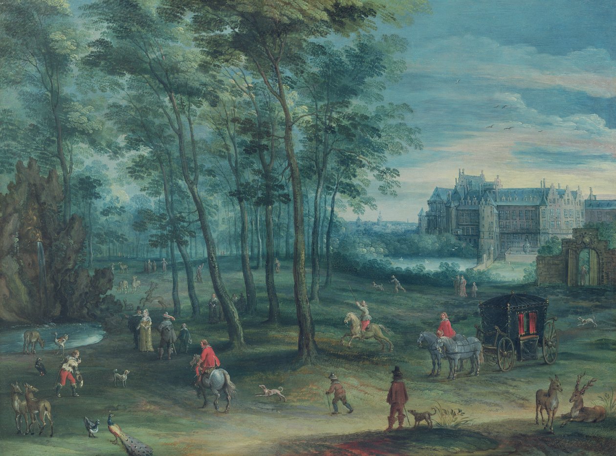Viceregal-palatsin puisto, Bryssel, tyylikkäässä seurassa suihkulähteen äärellä, n. 1600 (öljy kuparilla) tekijältä Denys van Alsloot