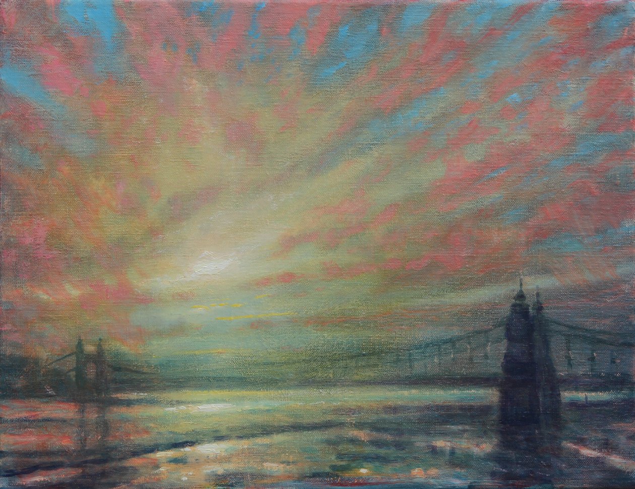 Auringonlasku Hammersmith Bridgellä, 2022 (öljy kankaalle) tekijältä Derek Hare
