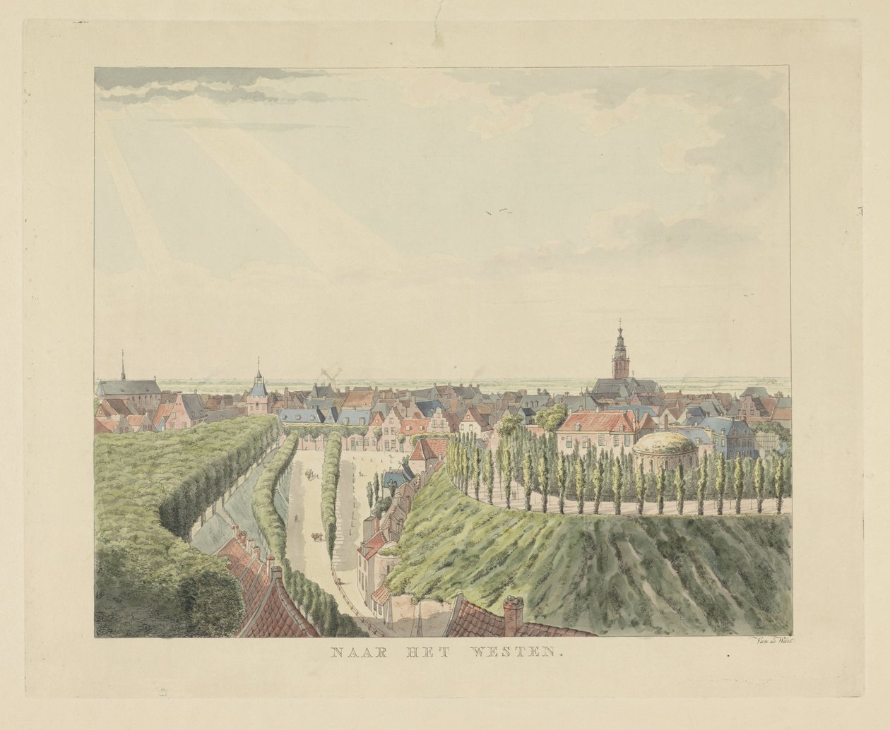 Nijmegen, näkymä Belvédèrestä länteen Länteen (otsikko esineessä) Nähtävyydet ympäri Nijmegenin kaupunkia (sarjan nimi) Gelderschin panoraama tai pyöreä näkymä elämästä piirrettynä Nymegenin Belvederelle (sarjan nimi) tekijältä Derk Anthony van de Wart