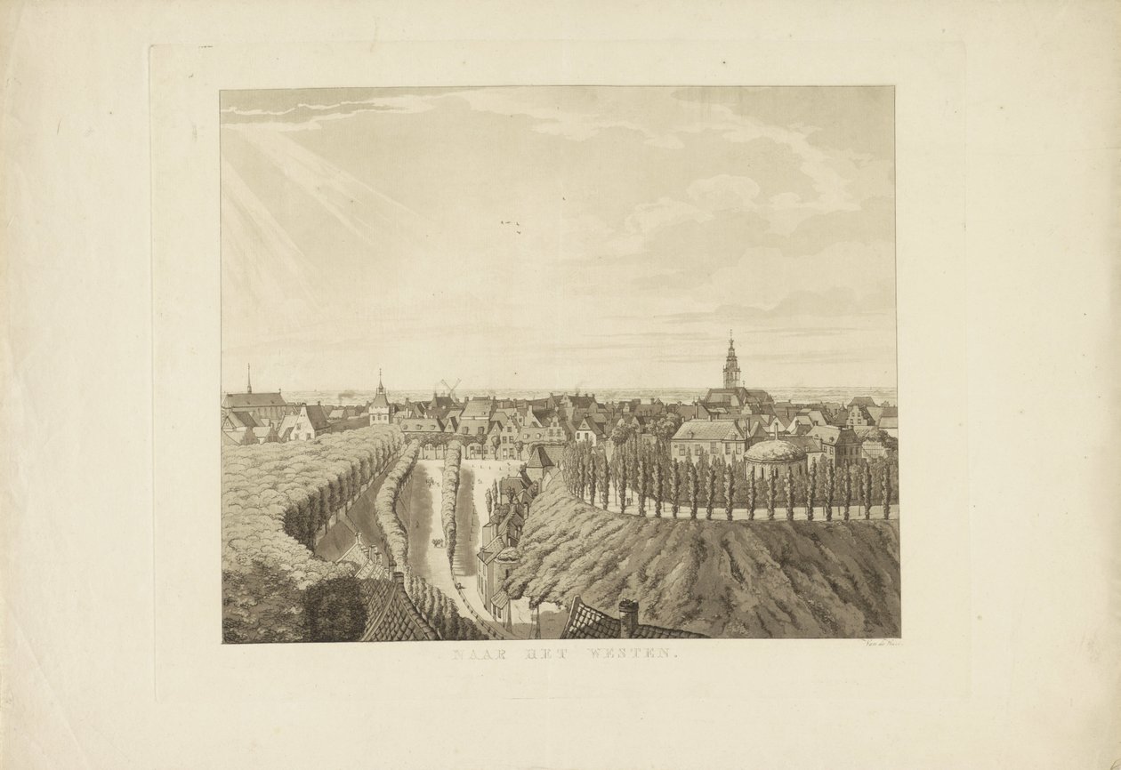 Nijmegen, näkymä Belvédèrestä länteen Länteen (otsikko esineessä) Nähtävyydet ympäri Nijmegenin kaupunkia (sarjan nimi) Gelderschin panoraama tai pyöreä näkymä elämästä piirrettynä Nymegenin Belvederelle (sarjan nimi) tekijältä Derk Anthony van de Wart