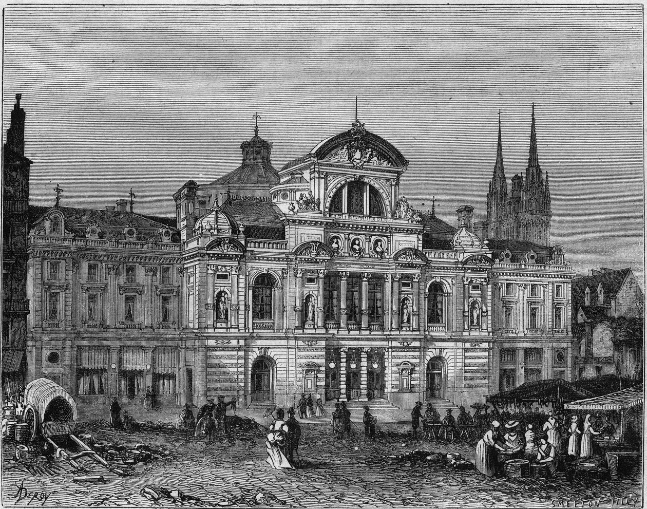 Ulkonäkymä Angersin suuresta teatterista, joka valmistui vuonna 1871 arkkitehti Lucien Botrelin suunnitelmien mukaan. Maine et Loire (49) tekijältä Deroy (after)