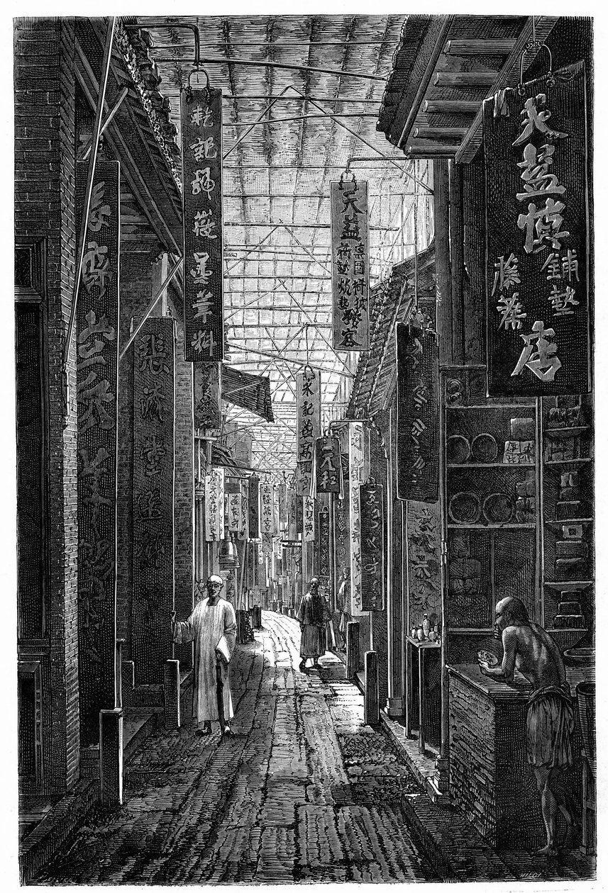 Näkymä apteekkikadulle Guangzhoussa (Guangzhou). Kaiverrus Deroyn piirustuksen jälkeen julkaisussa "" Le Tour du Monde, Nouveau Journal des Voyages", toimittanut Edouard Charton, Paris tekijältä Deroy (after)
